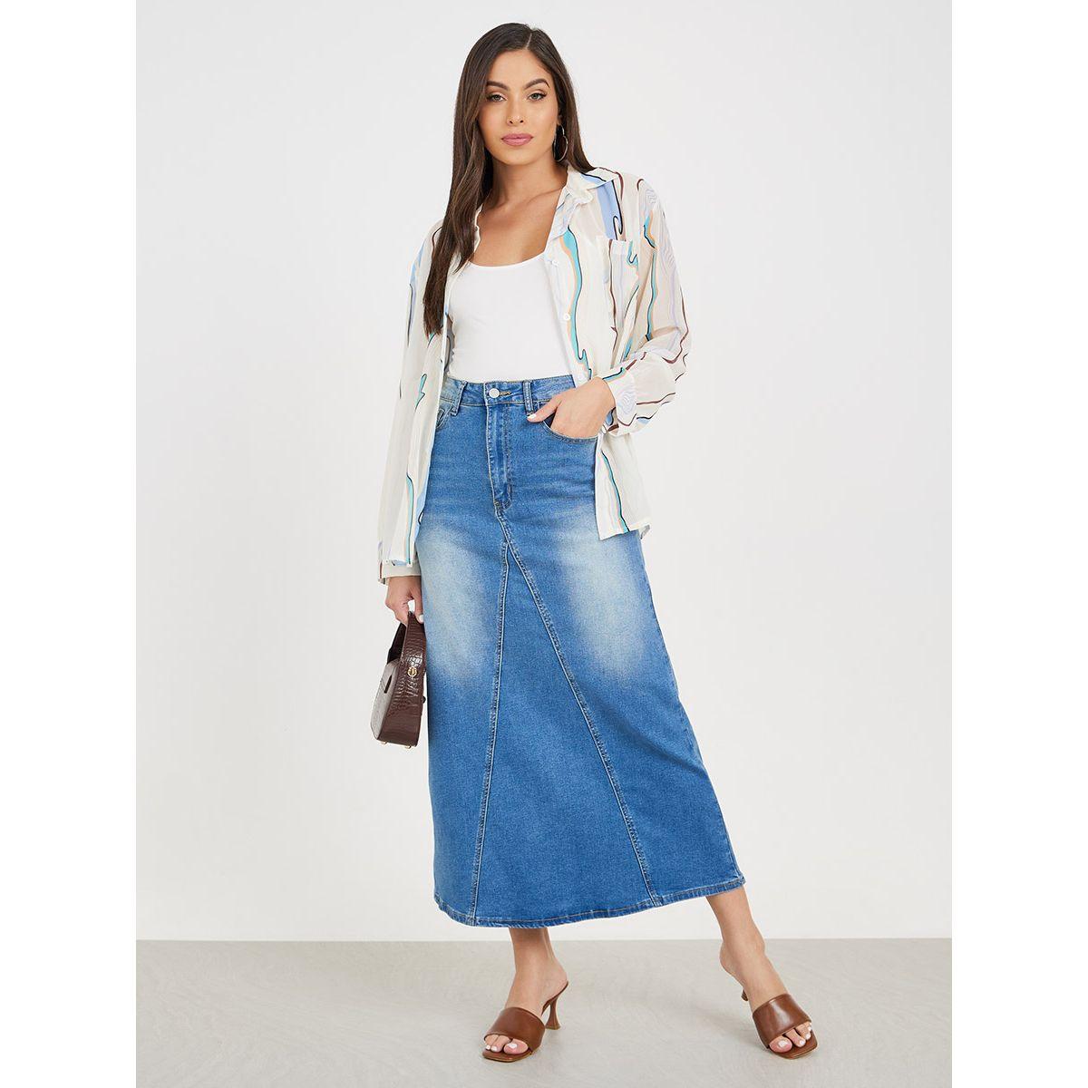 Styli Panelled Flare Denim Skirt with Pockets-women-clothing-bottoms-skirts-image-1