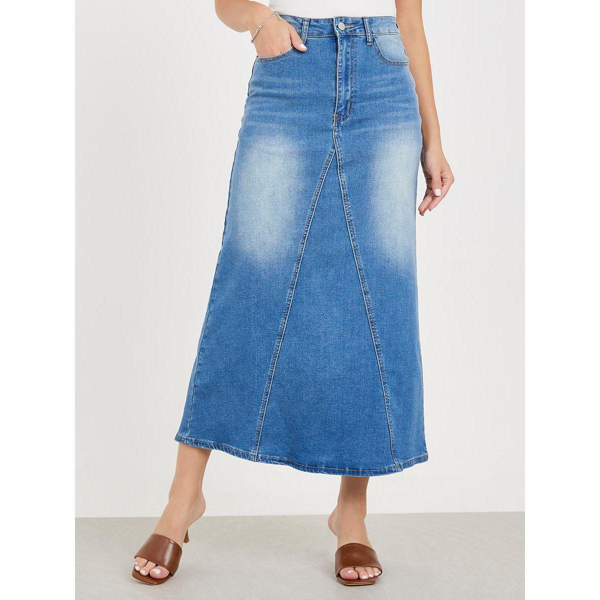 Styli Panelled Flare Denim Skirt with Pockets-women-clothing-bottoms-skirts-image-2