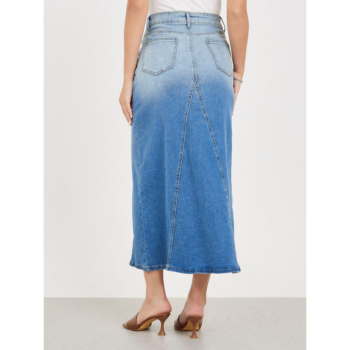 Styli Panelled Flare Denim Skirt with Pockets-women-clothing-bottoms-skirts-image-4