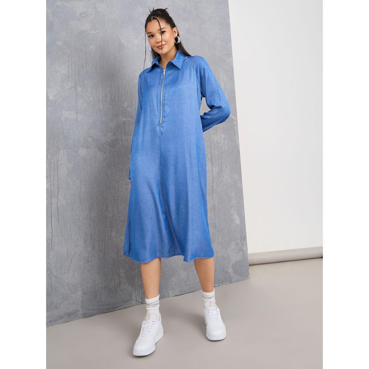 Styli Lightweight Denim Shirt Midi Dress with Zip Closure-women-clothing-dresses-image-1
