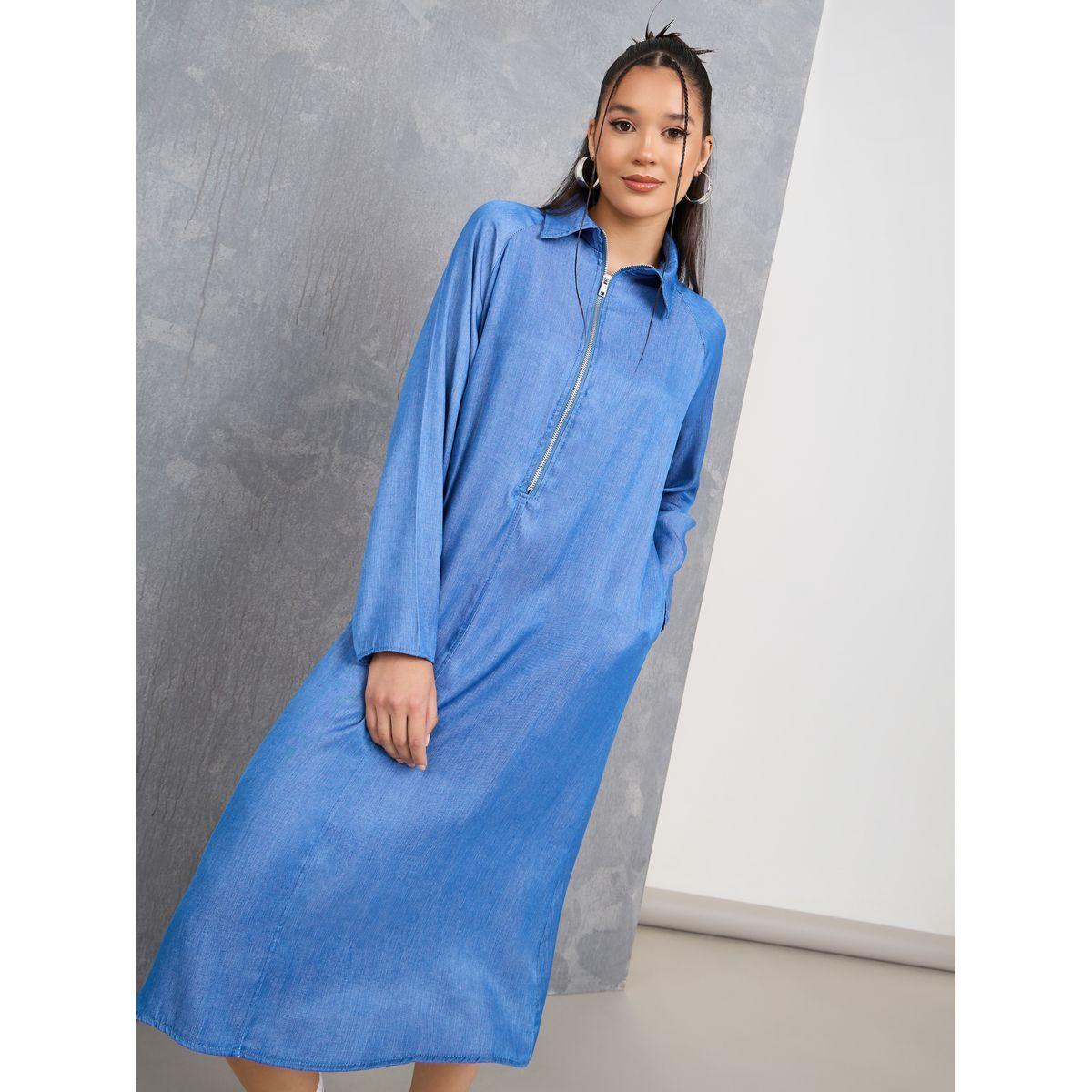 Styli Lightweight Denim Shirt Midi Dress with Zip Closure-women-clothing-dresses-image-2