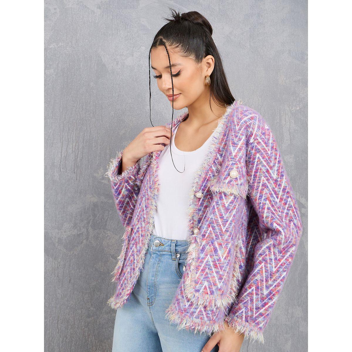 Styli Furry Button Up Pocket Trim Cardigan-women-winterwear-cardigansandjumpers-cardigans-image-1