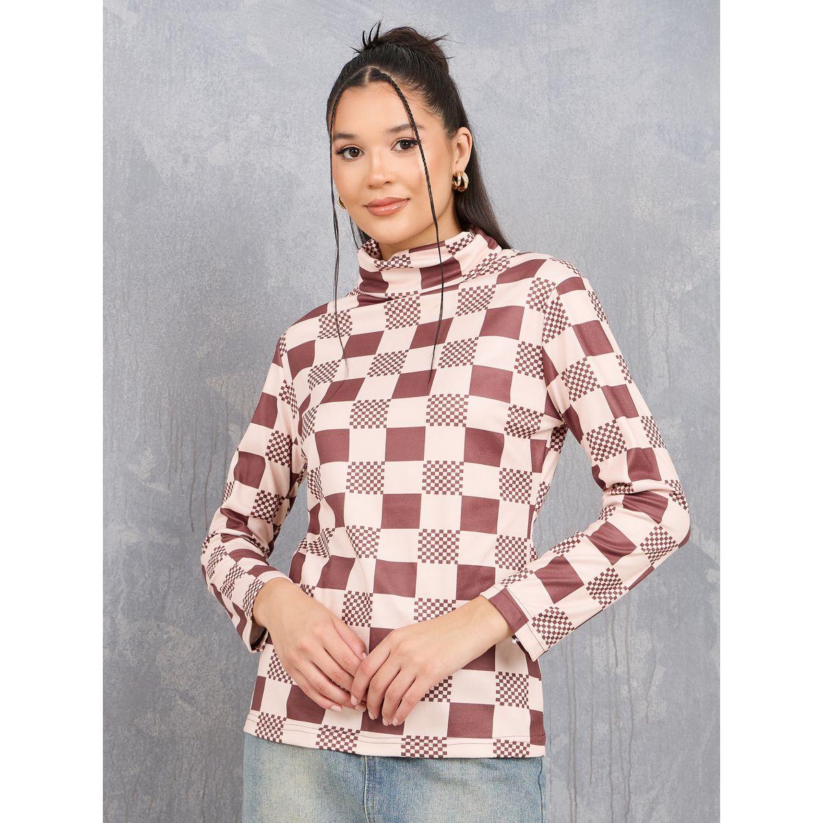 Styli Checked Pattern High Neck Knit Top-women-clothing-shirtsandblouses-blouses-image-3