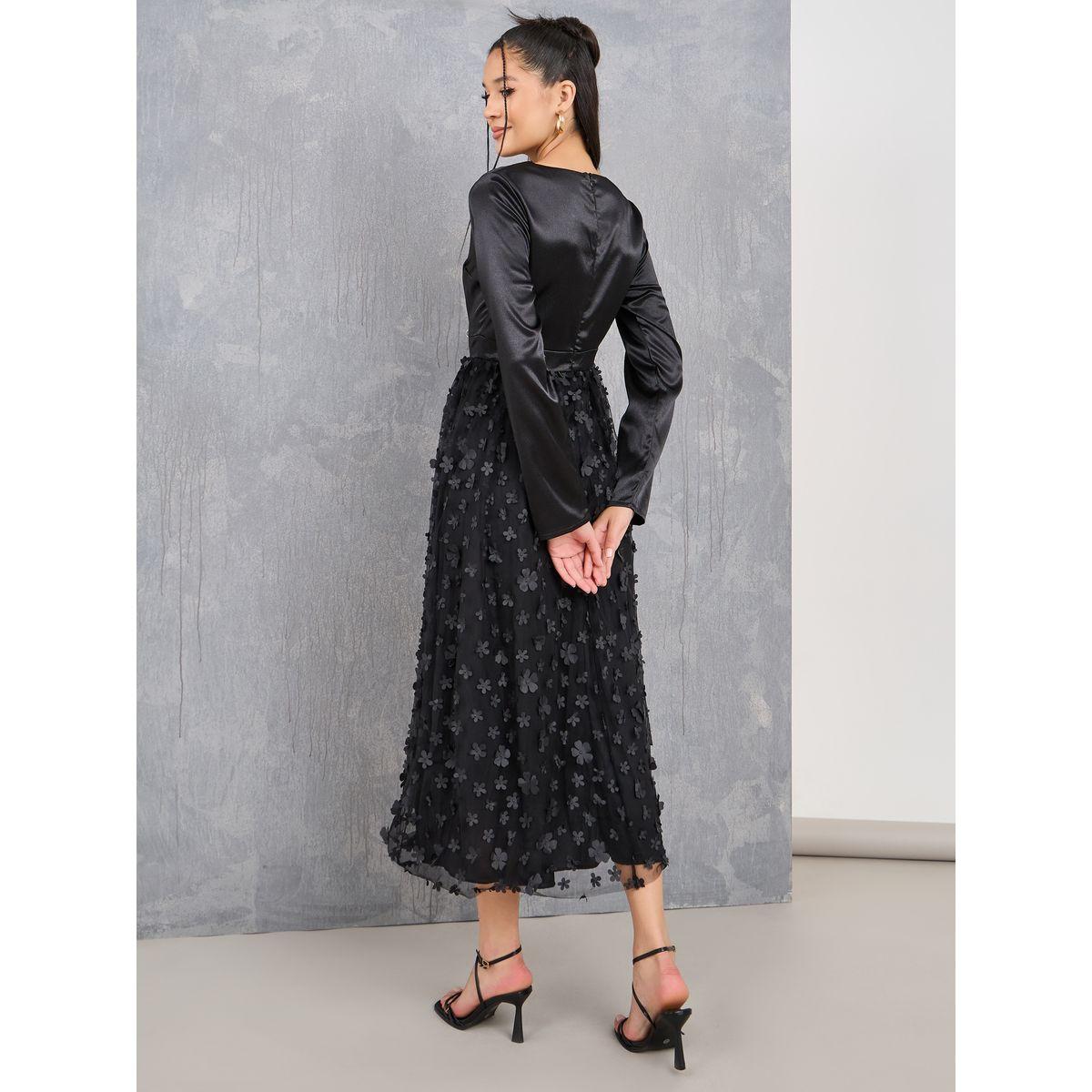 Styli Floral Applique Mesh Insert A-Line Midi Dress-women-clothing-dresses-image-4