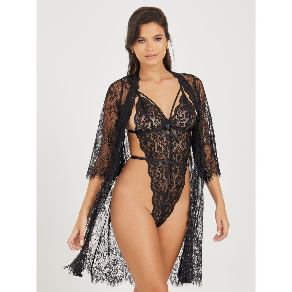 Styli Scalloped Edge Lace High Cut Bodysuit & Eyelash Lace Robe Set-women-clothing-lingerie-corsets-image-1