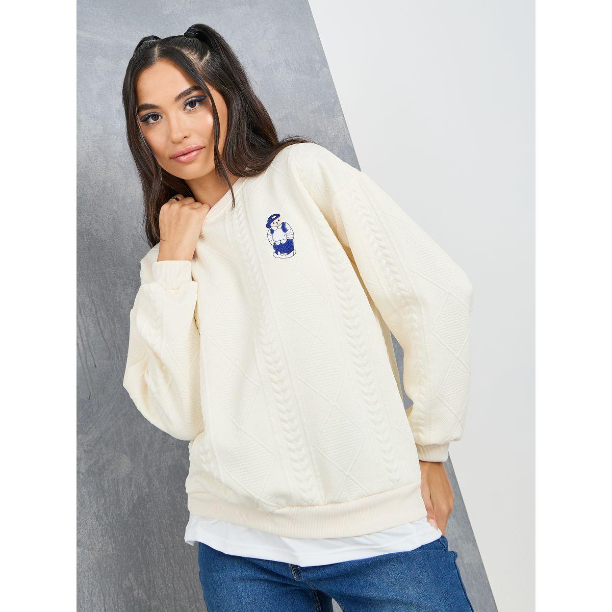 Styli Bear Patch Detail Cable Knit Texture Sweatshirt-women-winterwear-hoodiesandsweatshirts-sweatshirts-image-1