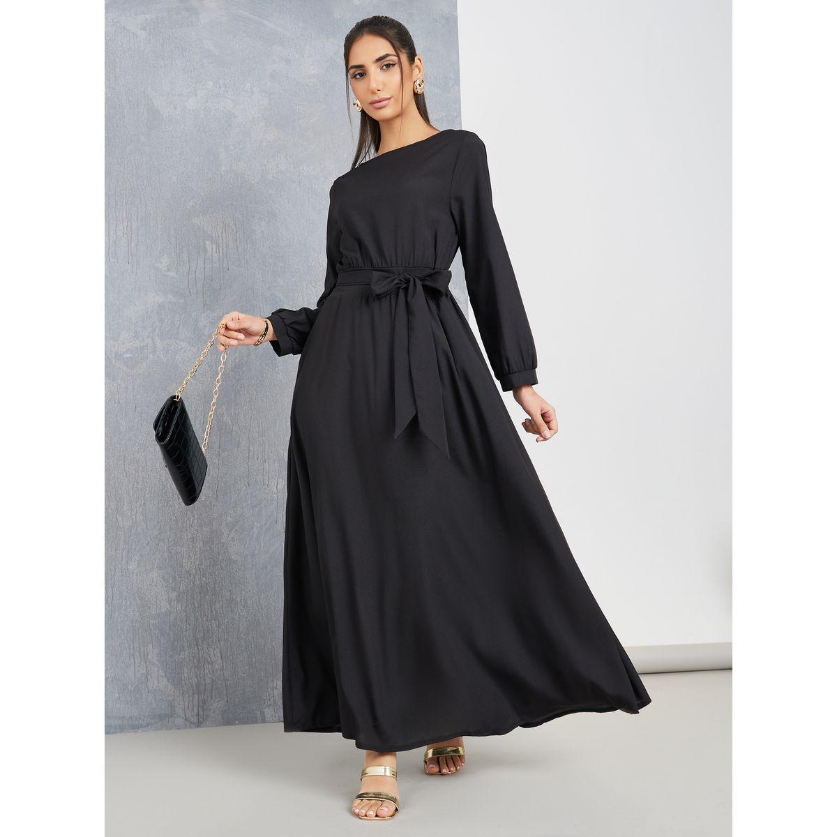 Styli Round Neck A-Line Maxi Dress with Tie Belt-women-clothing-dresses-image-1