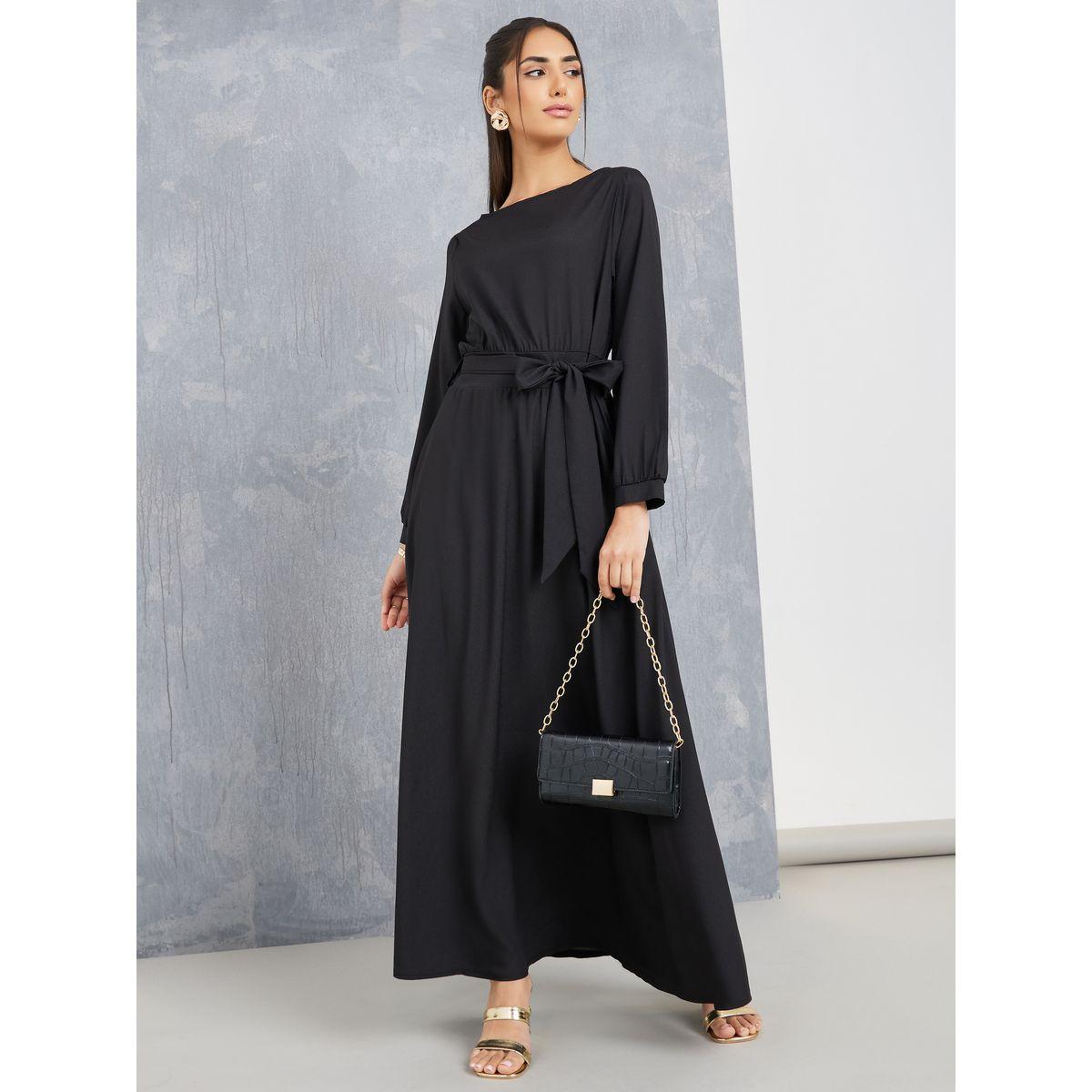 Styli Round Neck A-Line Maxi Dress with Tie Belt-women-clothing-dresses-image-5