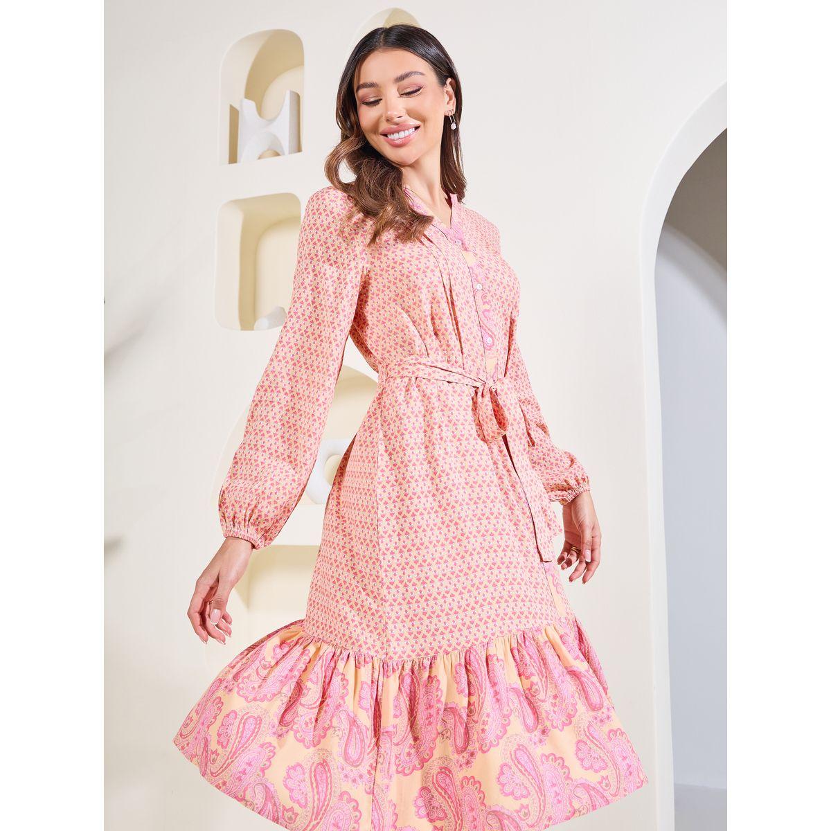 Styli Elevate Ditsy Print Paisley Border Knee Length Dress with Waist Tie Up-women-clothing-dresses-image-2