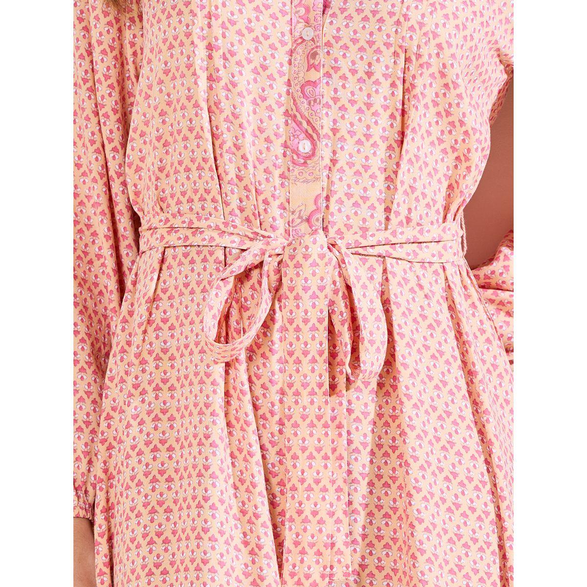 Styli Elevate Ditsy Print Paisley Border Knee Length Dress with Waist Tie Up-women-clothing-dresses-image-3