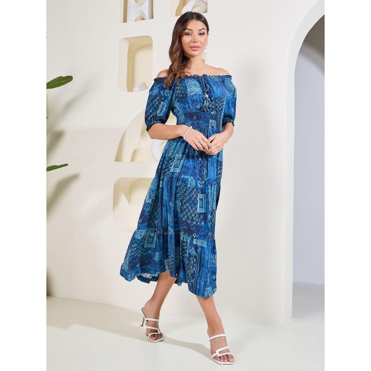Styli Elevate Scarf Print Smocked Detail Tiered Midi Dress-women-clothing-dresses-image-1