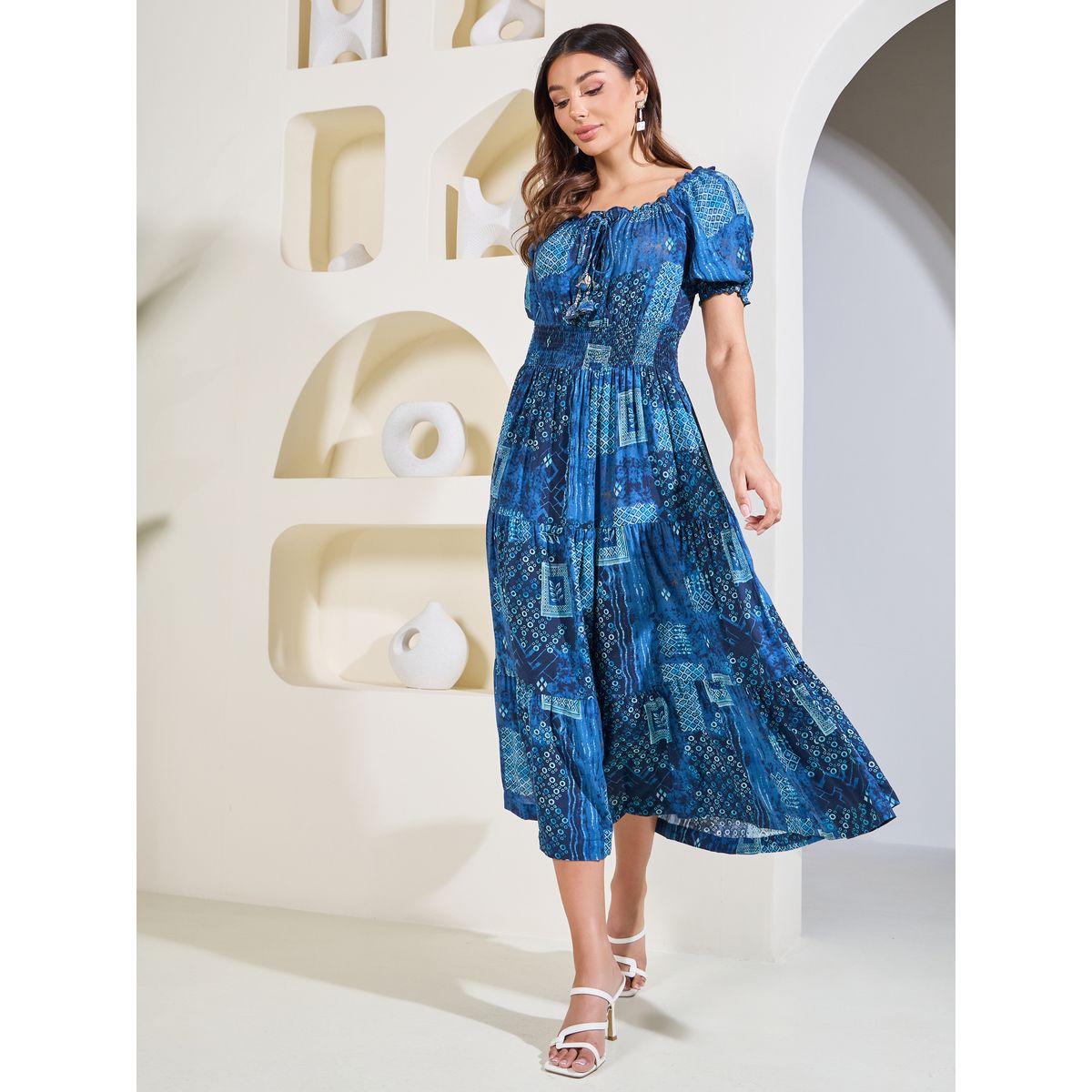 Styli Elevate Scarf Print Smocked Detail Tiered Midi Dress-women-clothing-dresses-image-2
