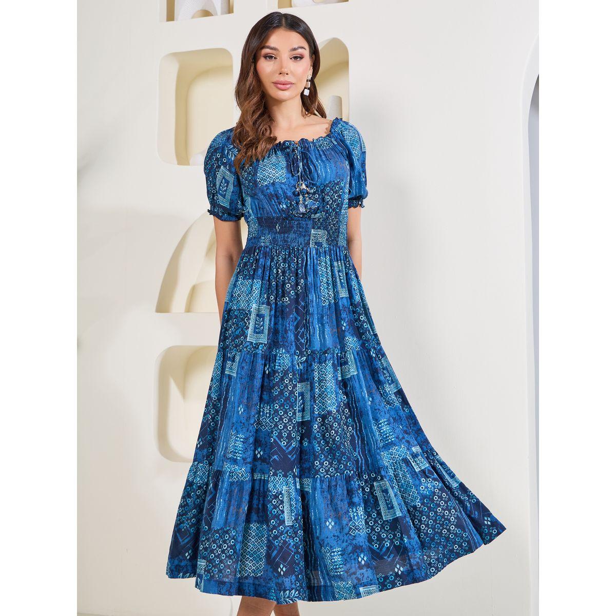 Styli Elevate Scarf Print Smocked Detail Tiered Midi Dress-women-clothing-dresses-image-3