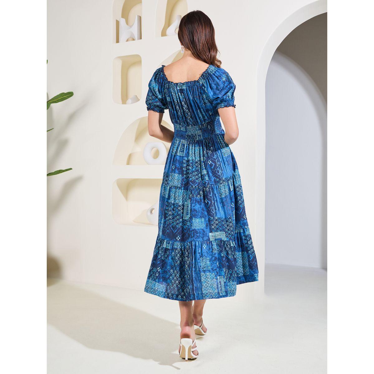 Styli Elevate Scarf Print Smocked Detail Tiered Midi Dress-women-clothing-dresses-image-5