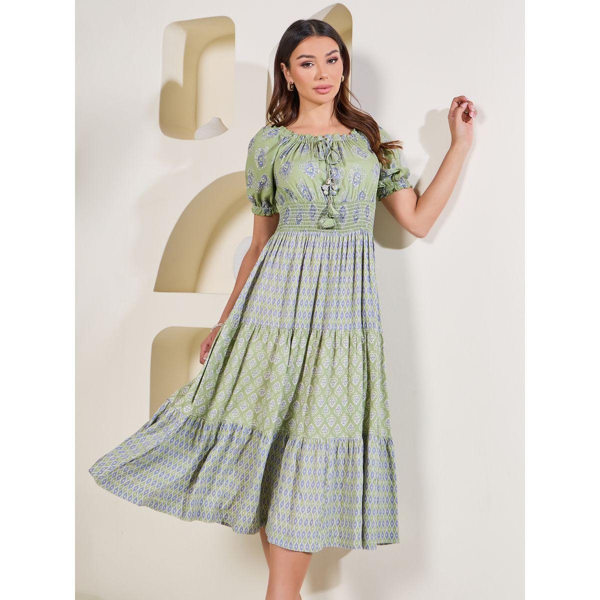 فستان ميدي مزين بشراشيب وطيات-women-clothing-dresses-image-2