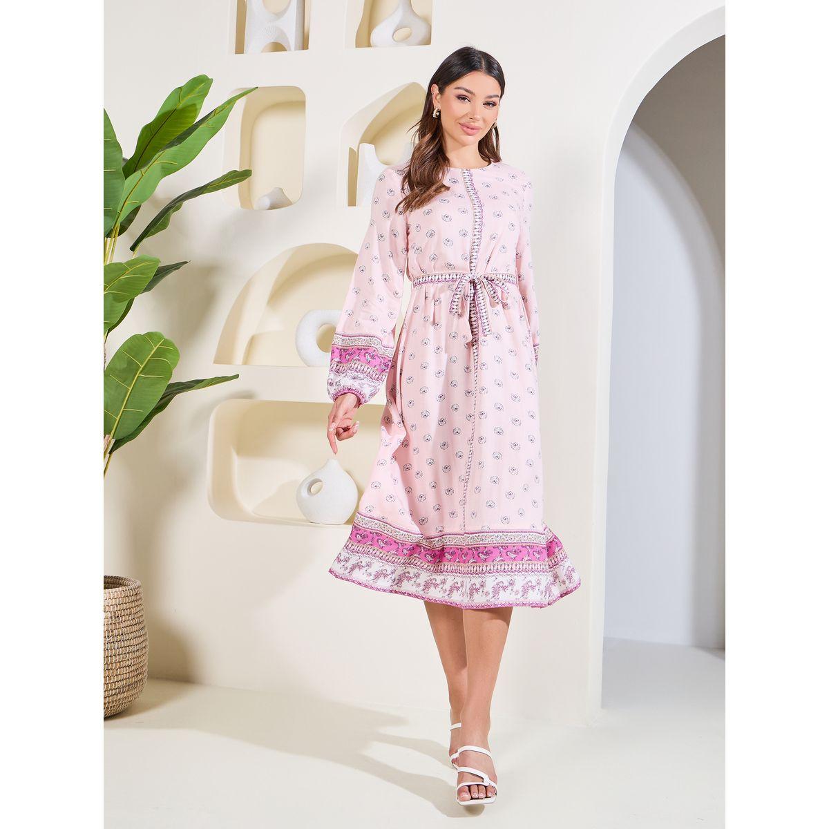 Styli Elevate Boho Print A-Line Midi Dress with Waist Tie Up-women-clothing-dresses-image-1