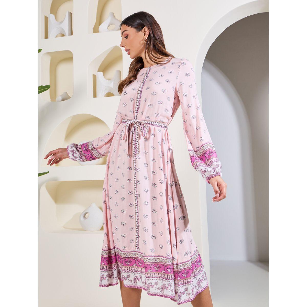 Styli Elevate Boho Print A-Line Midi Dress with Waist Tie Up-women-clothing-dresses-image-2