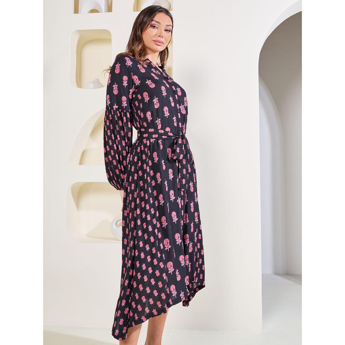 Styli Elevate Floral Print Shirt Midi Dress with Waist Tie Up-women-clothing-dresses-image-2
