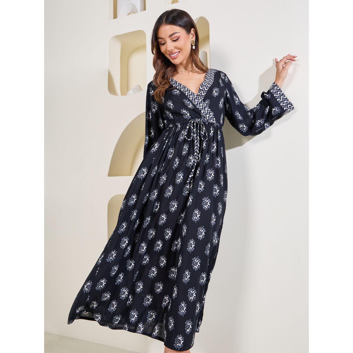 Styli Elevate Block Print A-Line Maxi Dress with Waist Tie Up-women-clothing-dresses-image-2