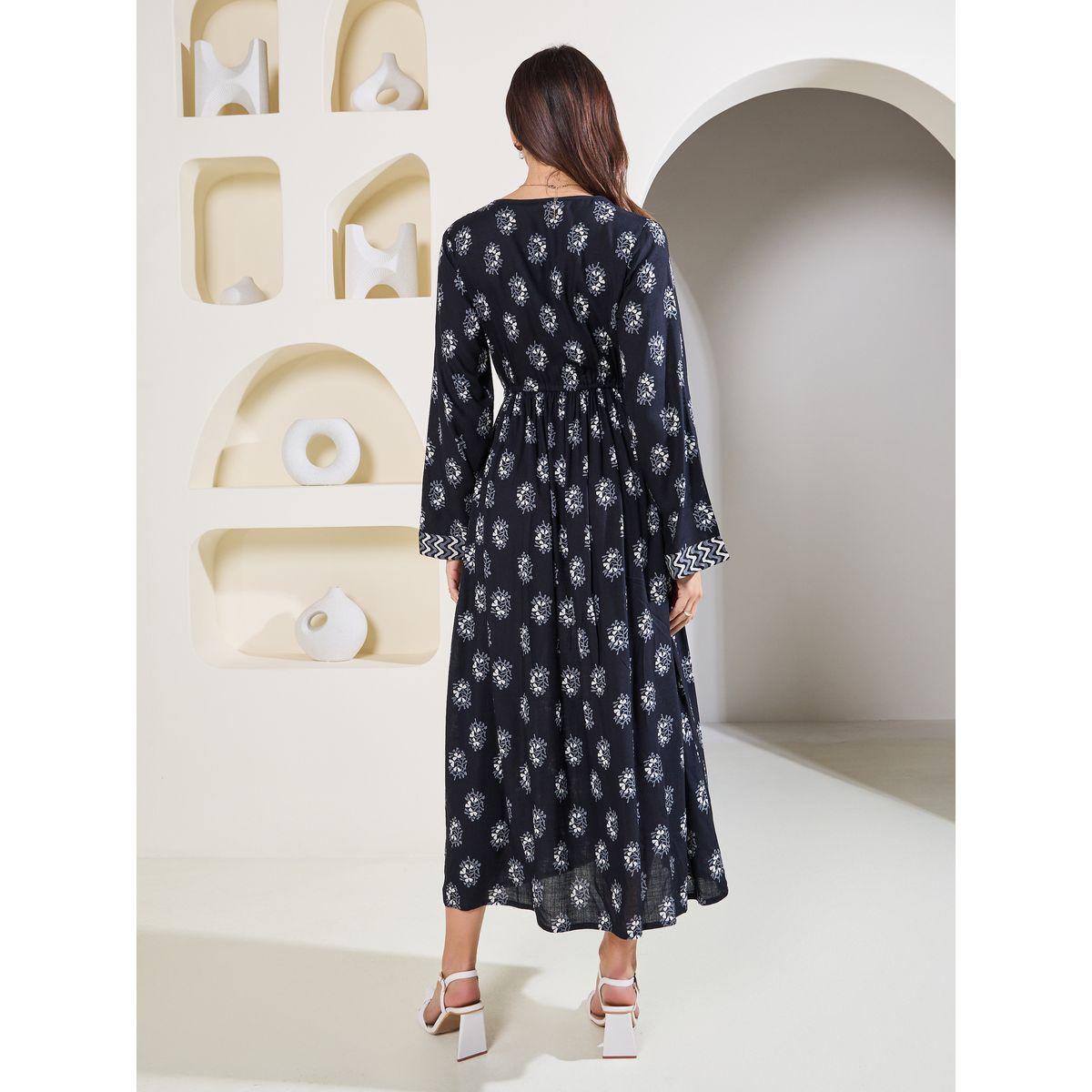 Styli Elevate Block Print A-Line Maxi Dress with Waist Tie Up-women-clothing-dresses-image-4