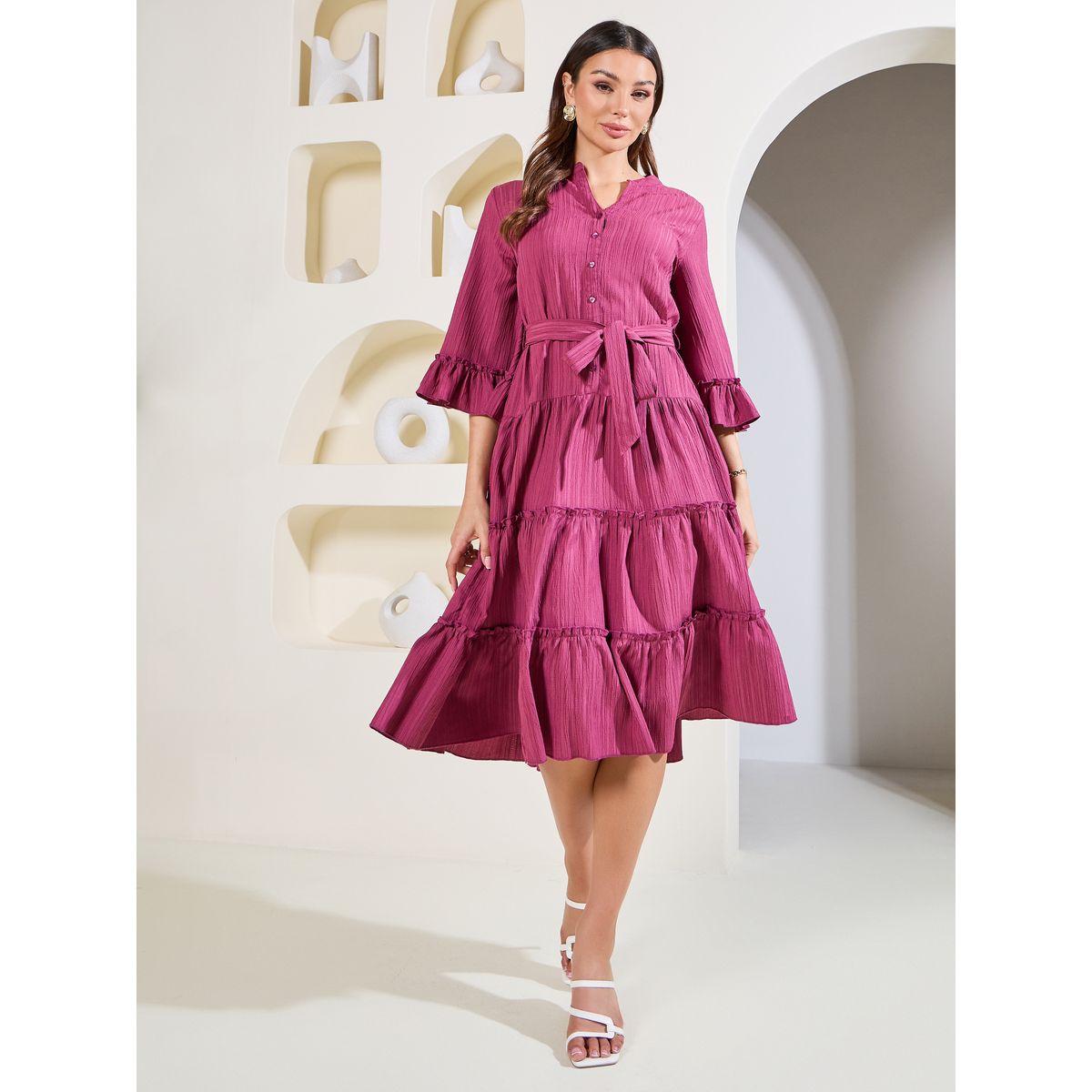 Styli Elevate Textured Collared Tiered Midi Dress with Self Tie Up-women-clothing-dresses-image-1