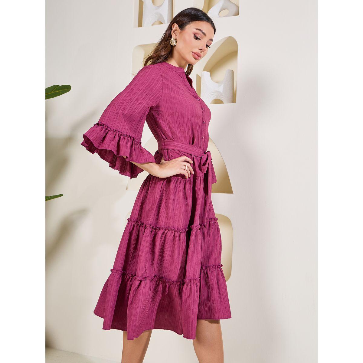 Styli Elevate Textured Collared Tiered Midi Dress with Self Tie Up-women-clothing-dresses-image-2
