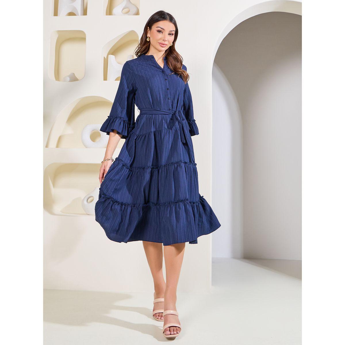 Styli Elevate Textured Mandarin Collar Tiered Midi Dress-women-clothing-dresses-image-1