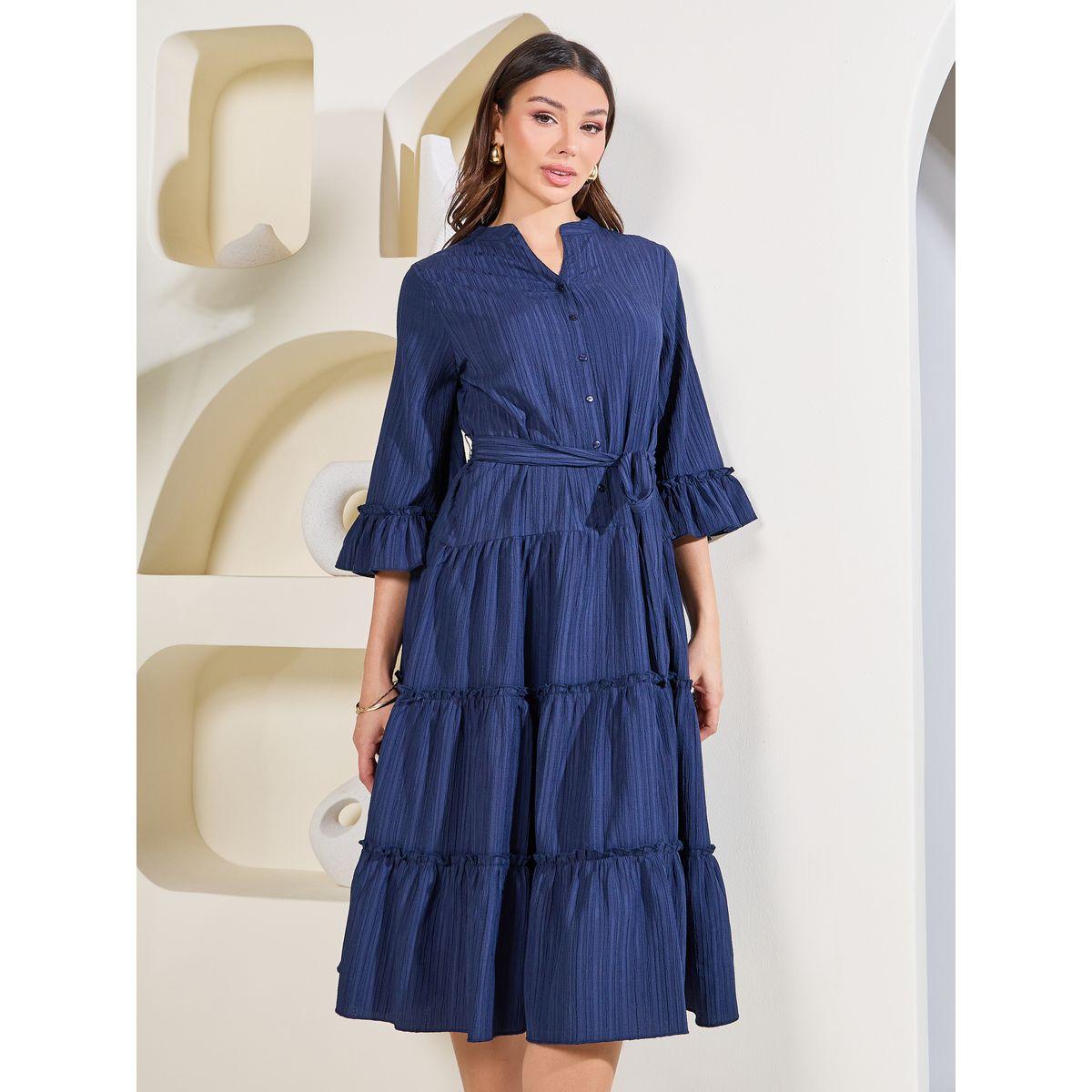 Styli Elevate Textured Mandarin Collar Tiered Midi Dress-women-clothing-dresses-image-2