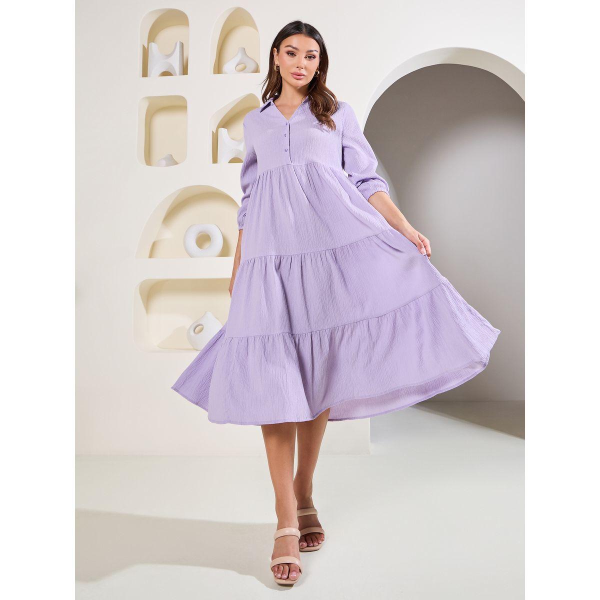 Styli Elevate Textured Pleated Detail Collared Tiered Midi Dress-women-clothing-dresses-image-1