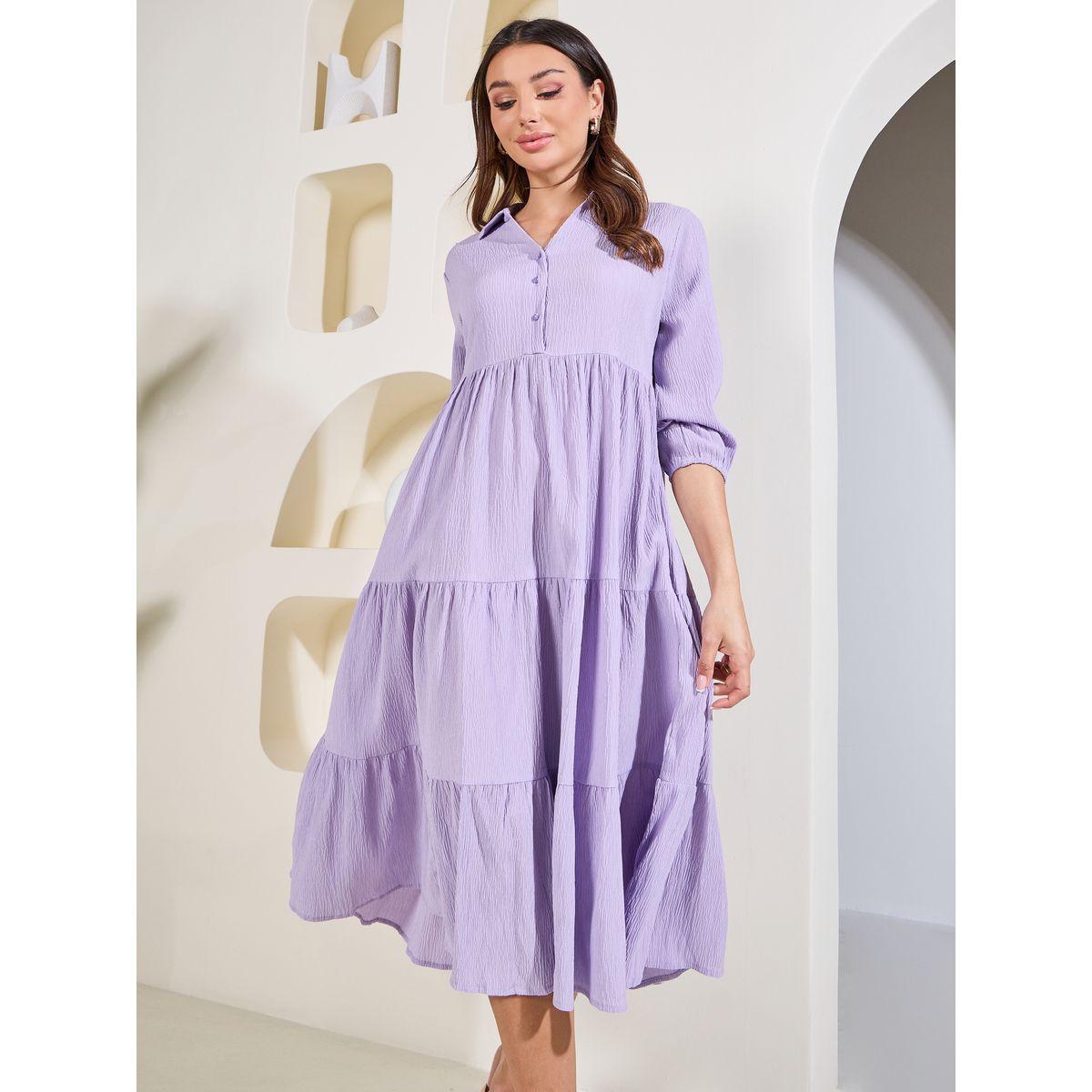 Styli Elevate Textured Pleated Detail Collared Tiered Midi Dress-women-clothing-dresses-image-2