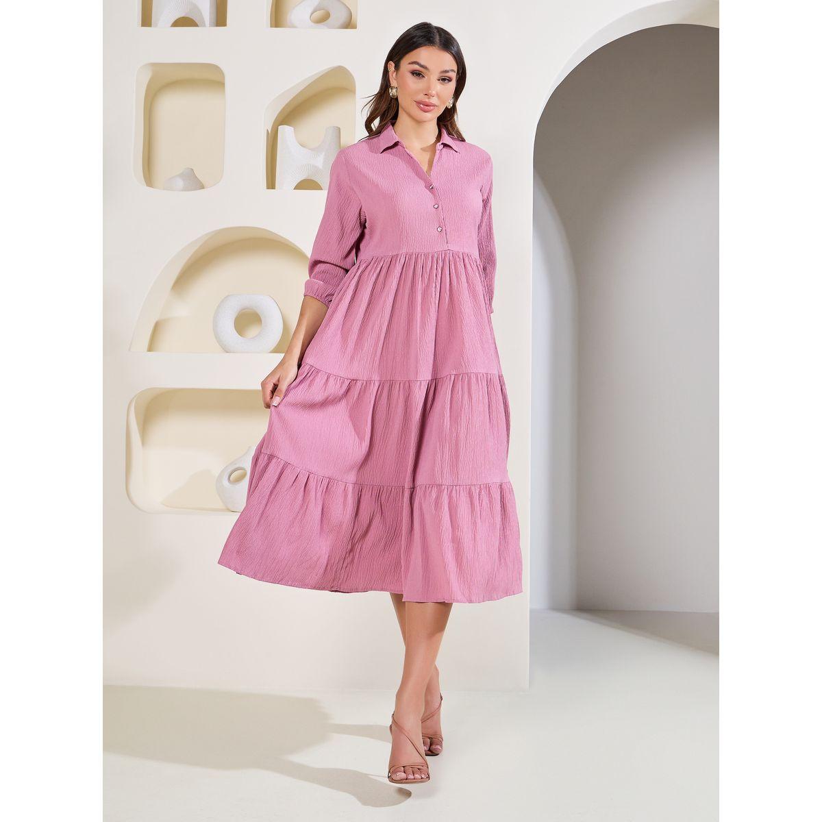 Styli Elevate Textured Collared Tiered Midi Dress-women-clothing-dresses-image-1