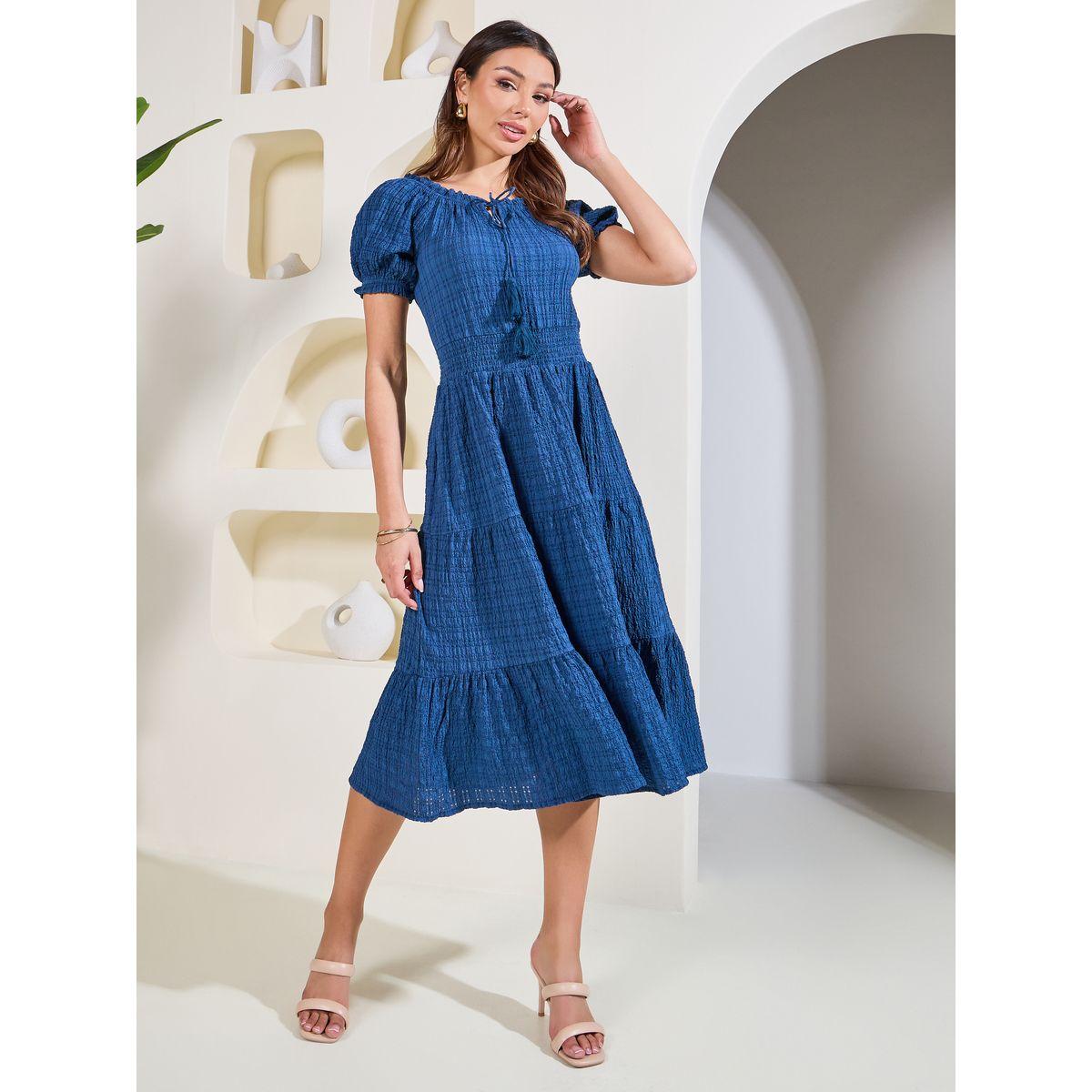 Styli Elevate Textured Print Tie Up Neck Tiered Midi Dress-women-clothing-dresses-image-1