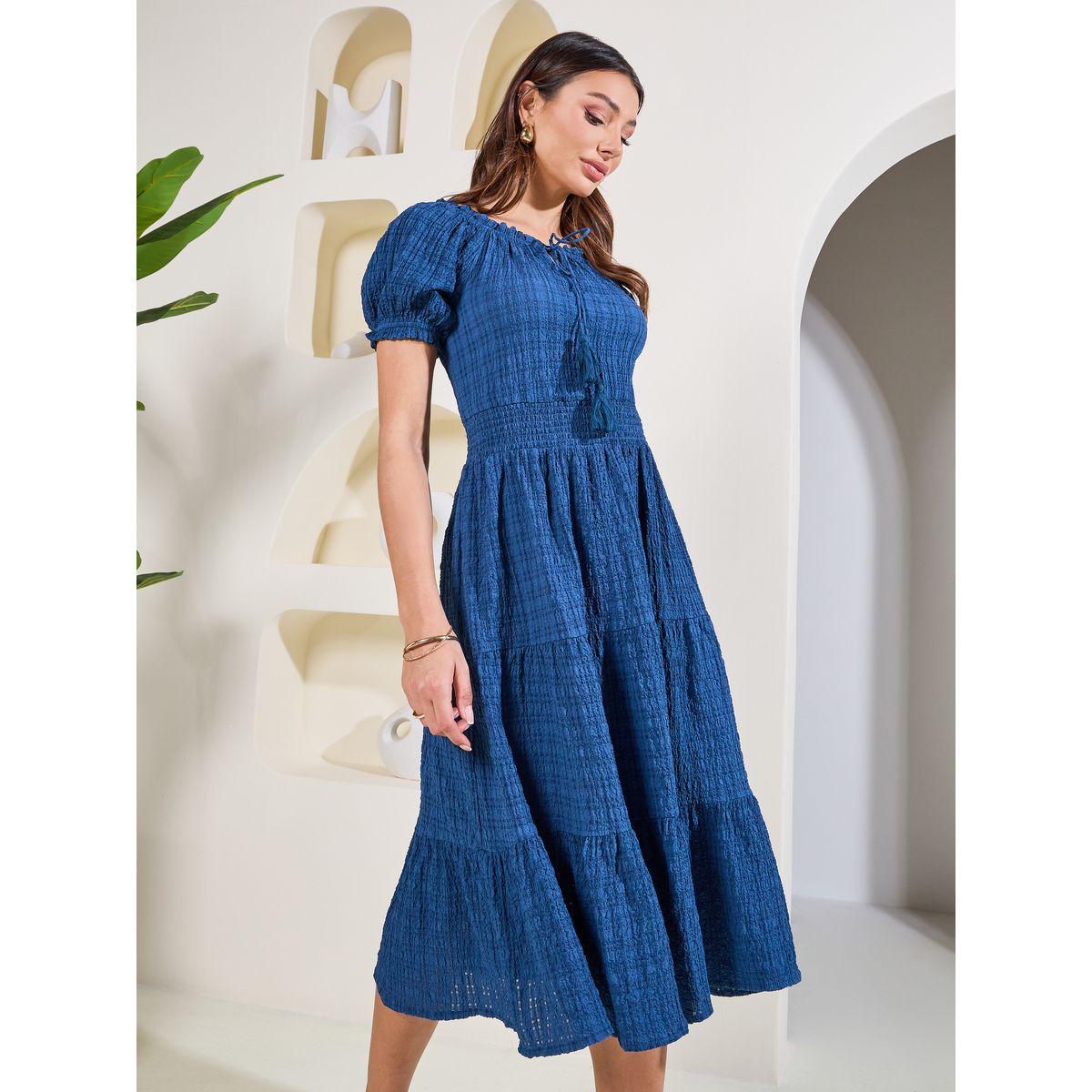 Styli Elevate Textured Print Tie Up Neck Tiered Midi Dress-women-clothing-dresses-image-2