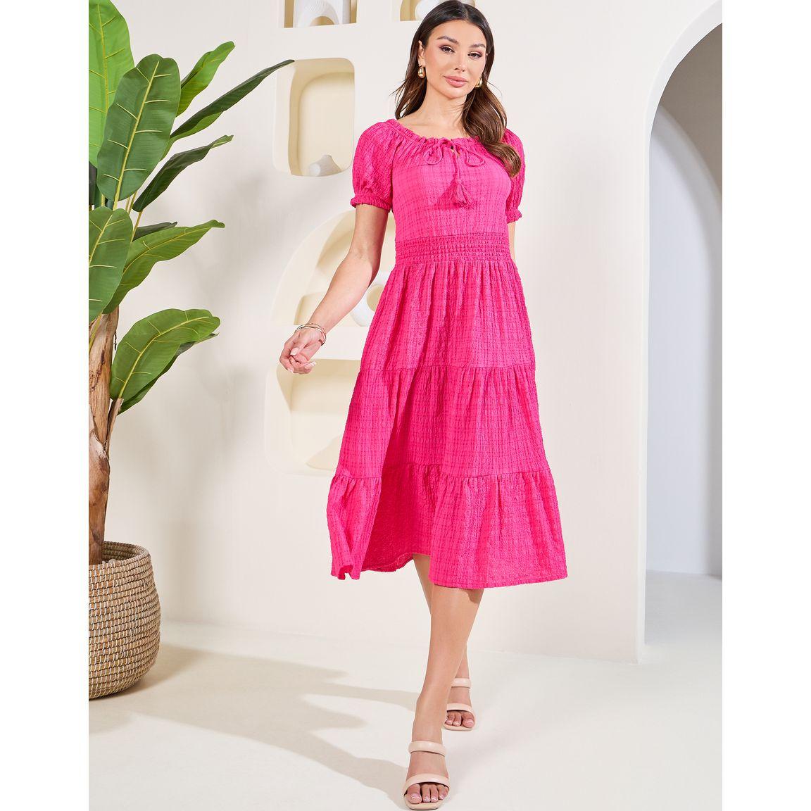 Styli Elevate Textured Print Tie Up Neck Tiered Midi Dress-women-clothing-dresses-image-1