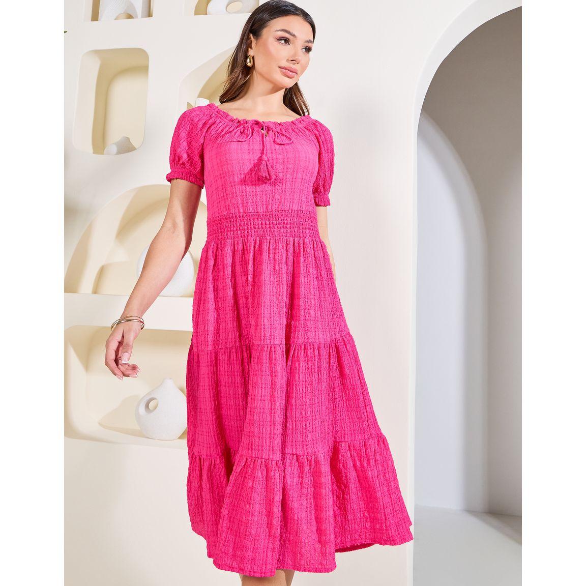 Styli Elevate Textured Print Tie Up Neck Tiered Midi Dress-women-clothing-dresses-image-2