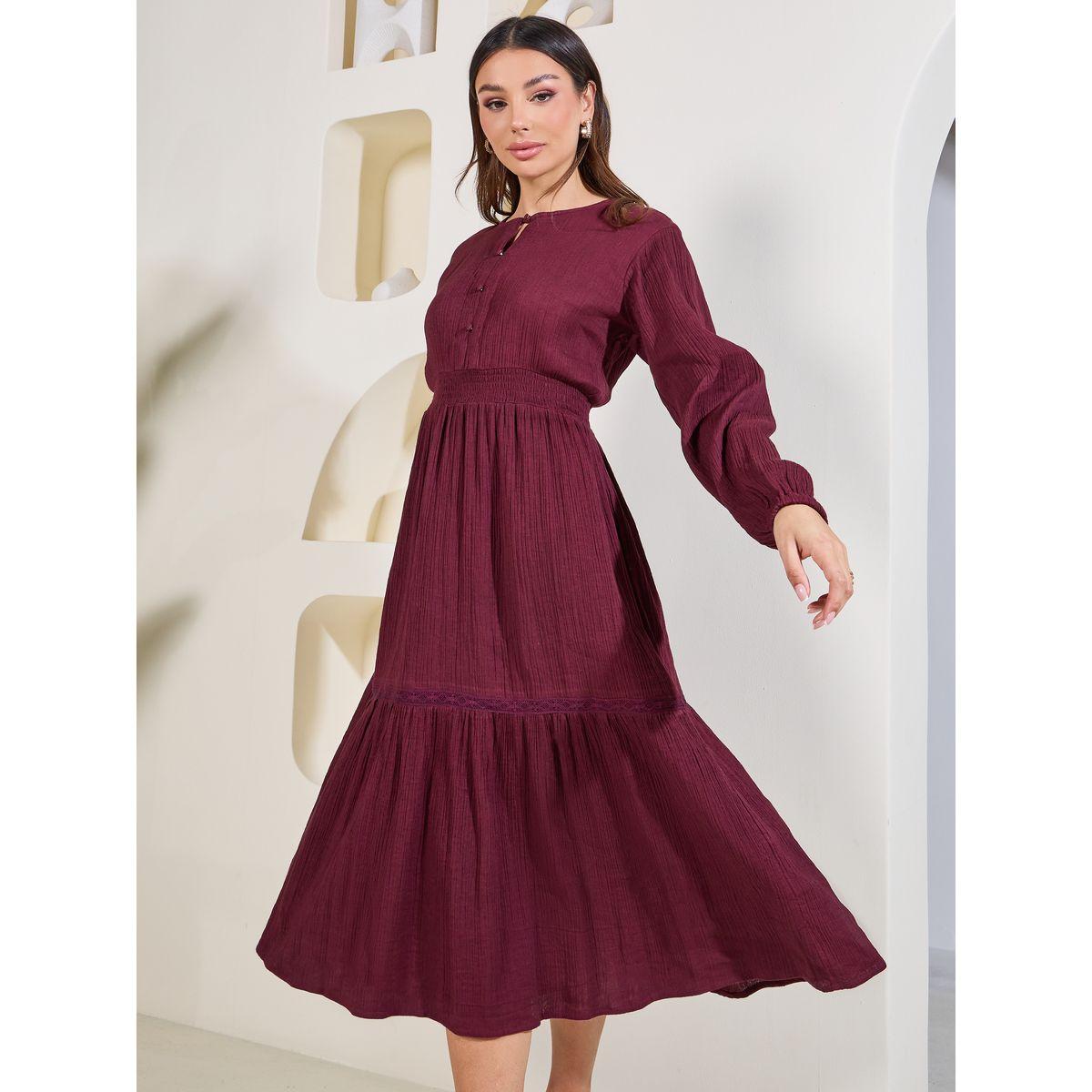 فستان ميدي مزين بكسرات وازرار-women-clothing-dresses-image-3