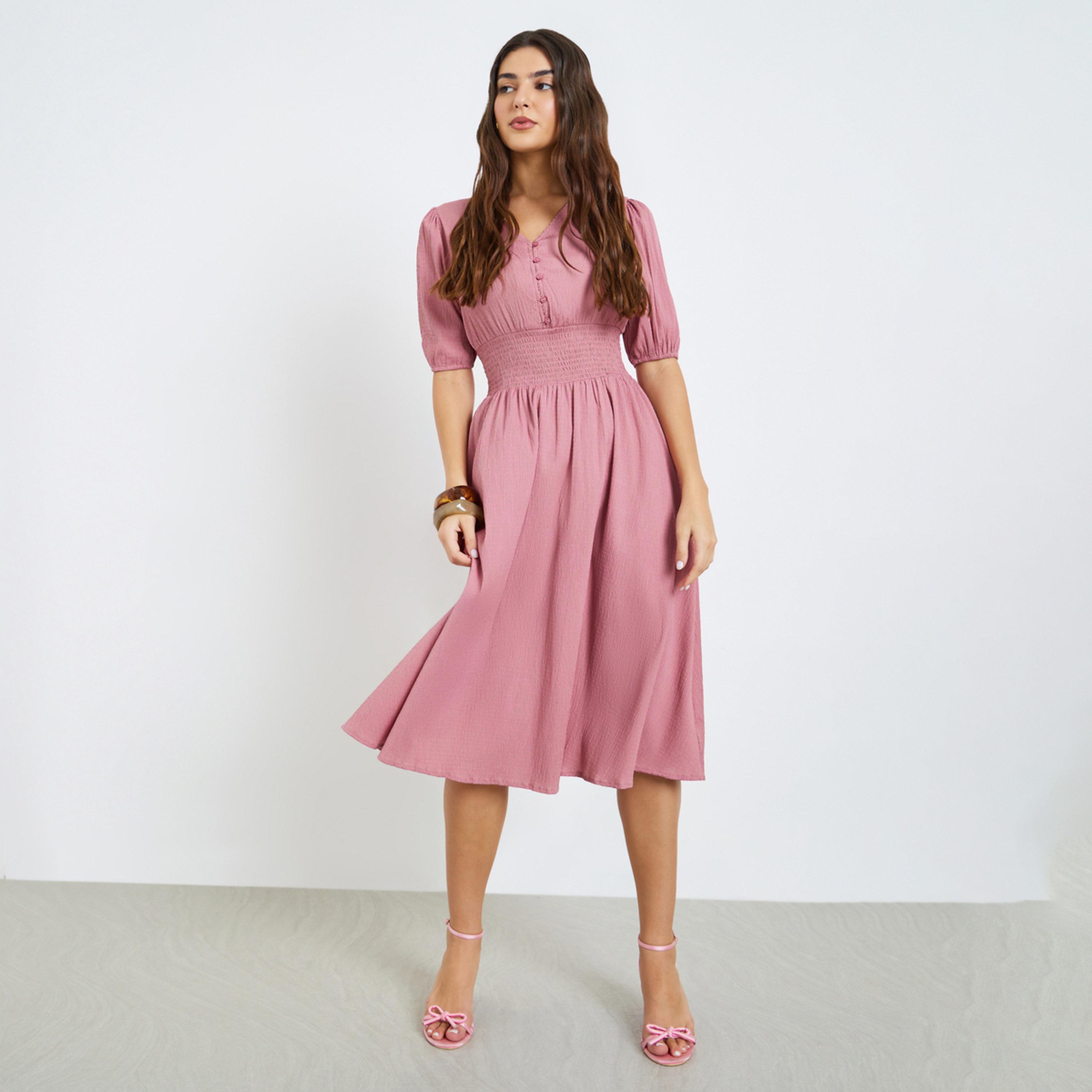 Styli Pink Textured V Neck A-Line Midi Dress-women-clothing-dresses-image-1