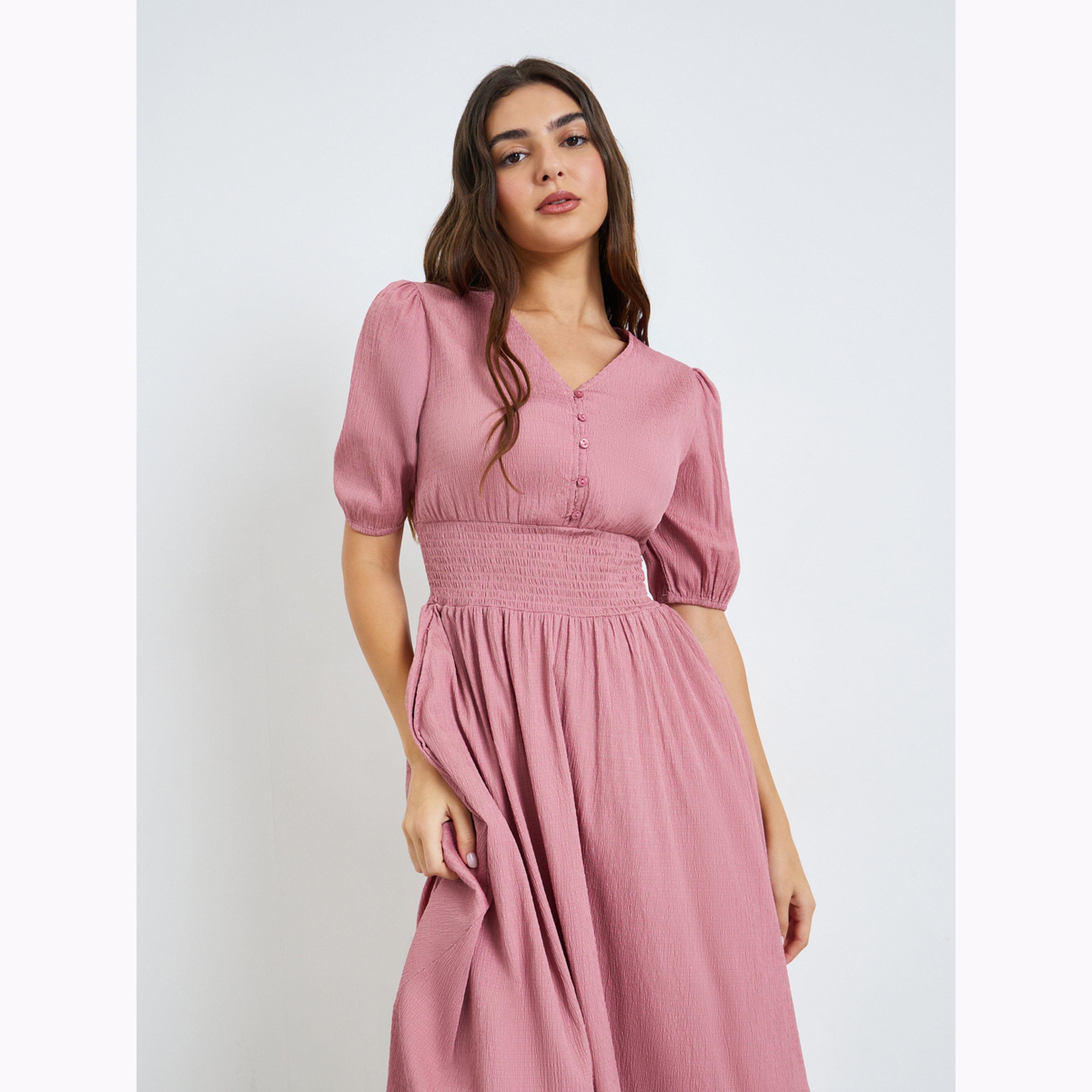 Styli Pink Textured V Neck A-Line Midi Dress-women-clothing-dresses-image-2