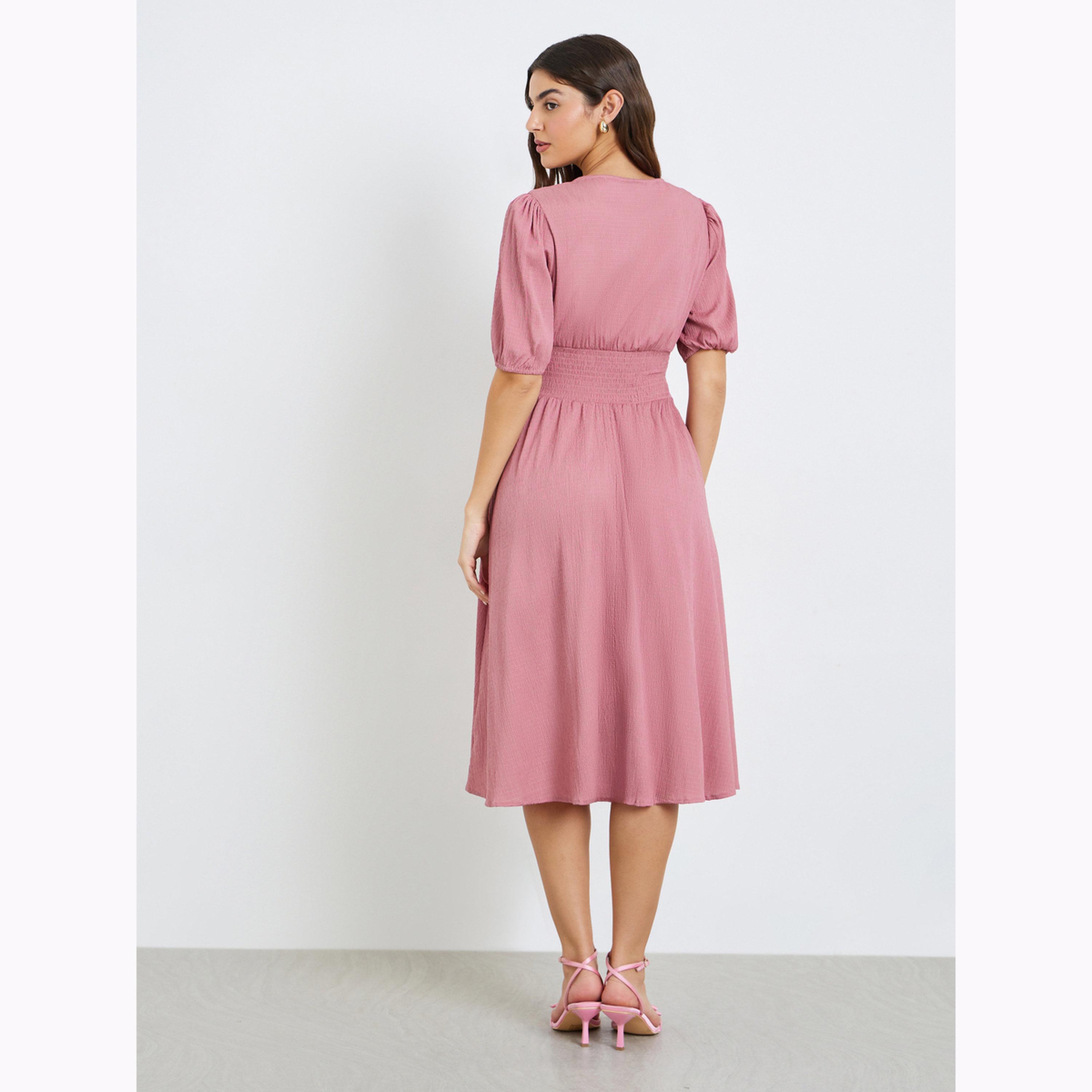 فستان ميدي بحافة واسعة وتفاصيل بارزة الملمس-women-clothing-dresses-image-3