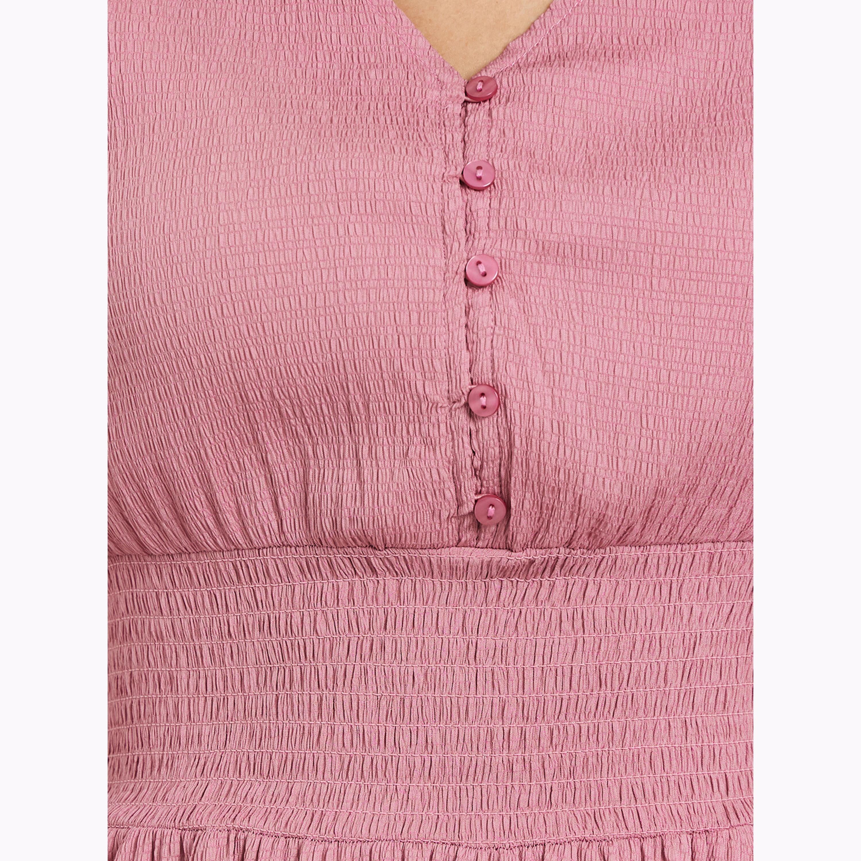 Styli Pink Textured V Neck A-Line Midi Dress-women-clothing-dresses-image-4