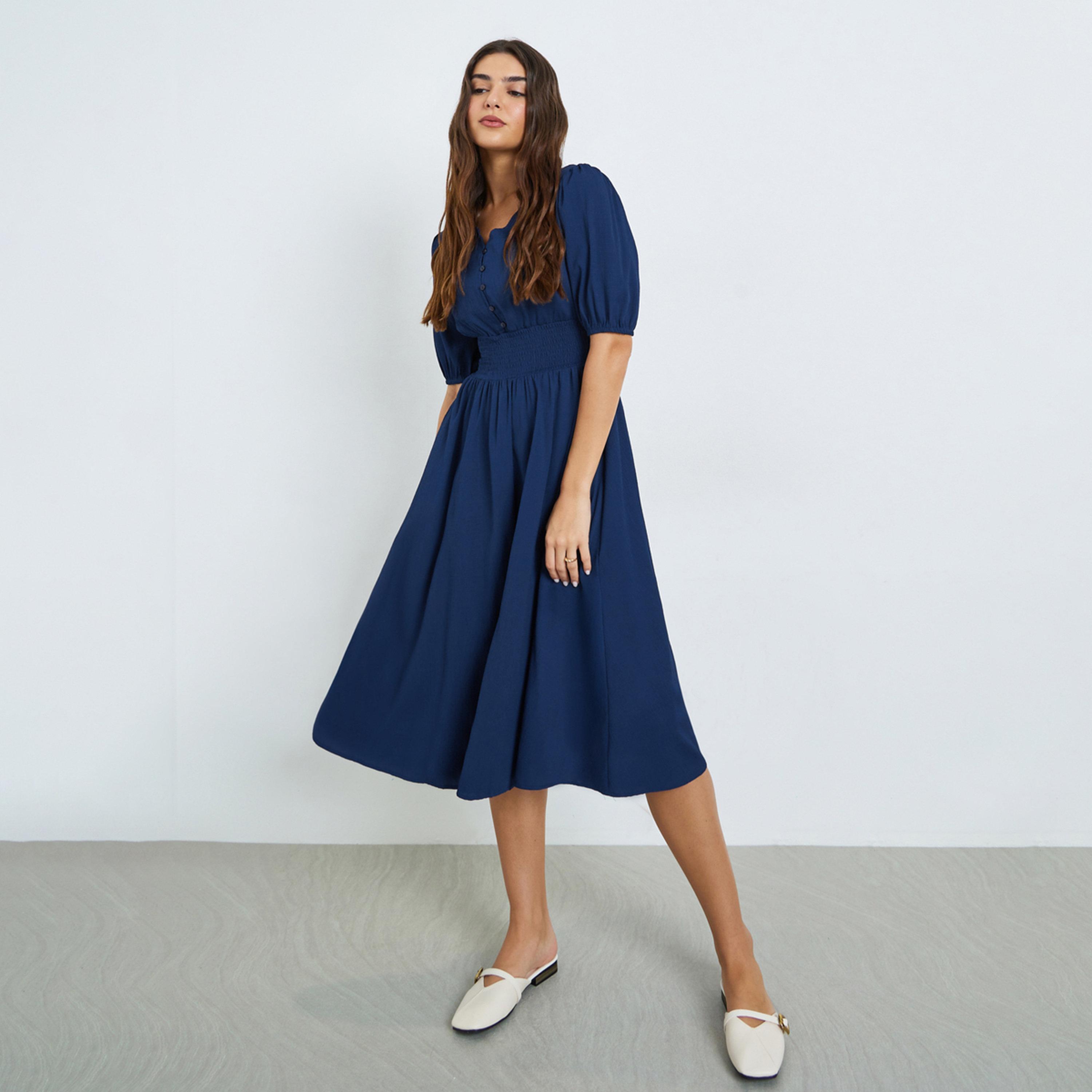Styli Dark Blue Textured V Neck A-Line Midi Dress-women-clothing-dresses-image-1