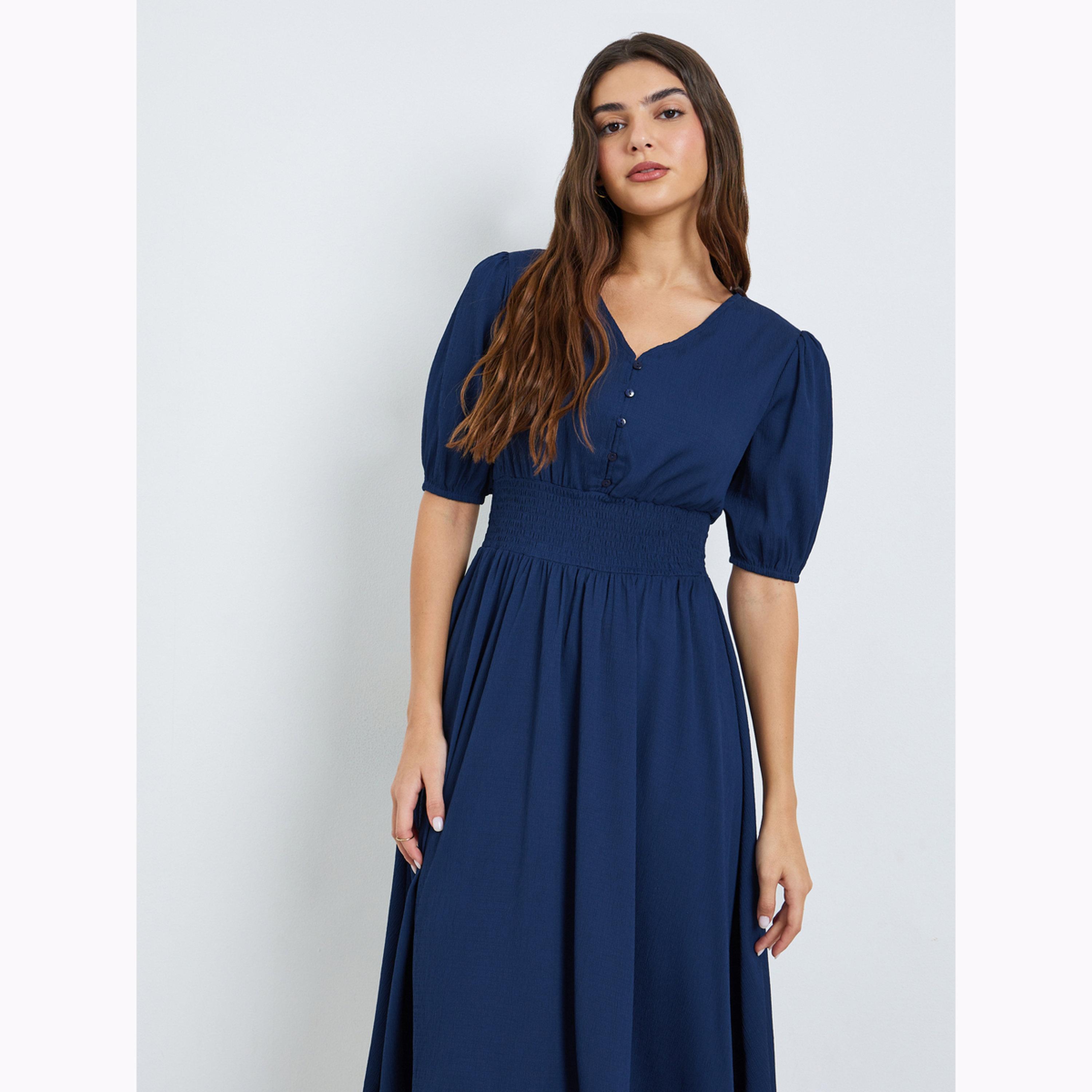 فستان ميدي بحافة واسعة وتفاصيل بارزة الملمس-women-clothing-dresses-image-2