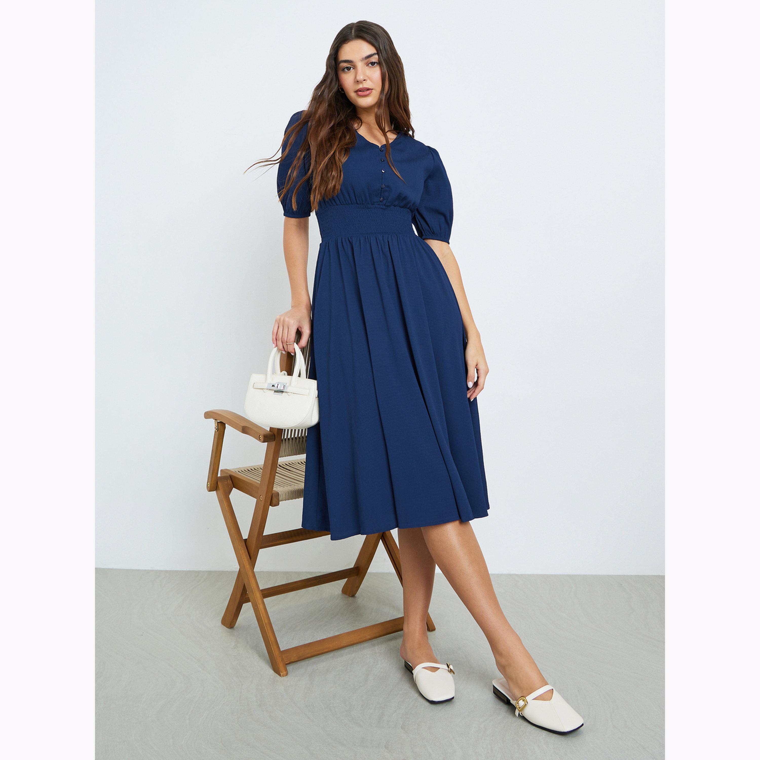Styli Dark Blue Textured V Neck A-Line Midi Dress-women-clothing-dresses-image-3