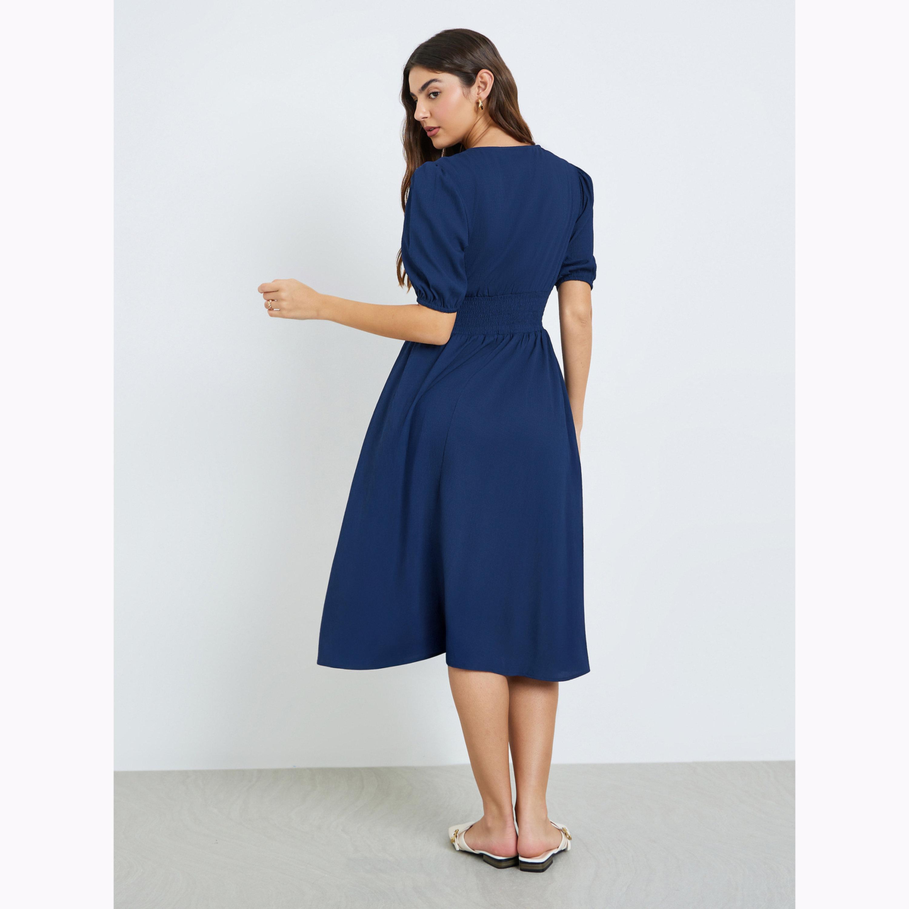 Styli Dark Blue Textured V Neck A-Line Midi Dress-women-clothing-dresses-image-4