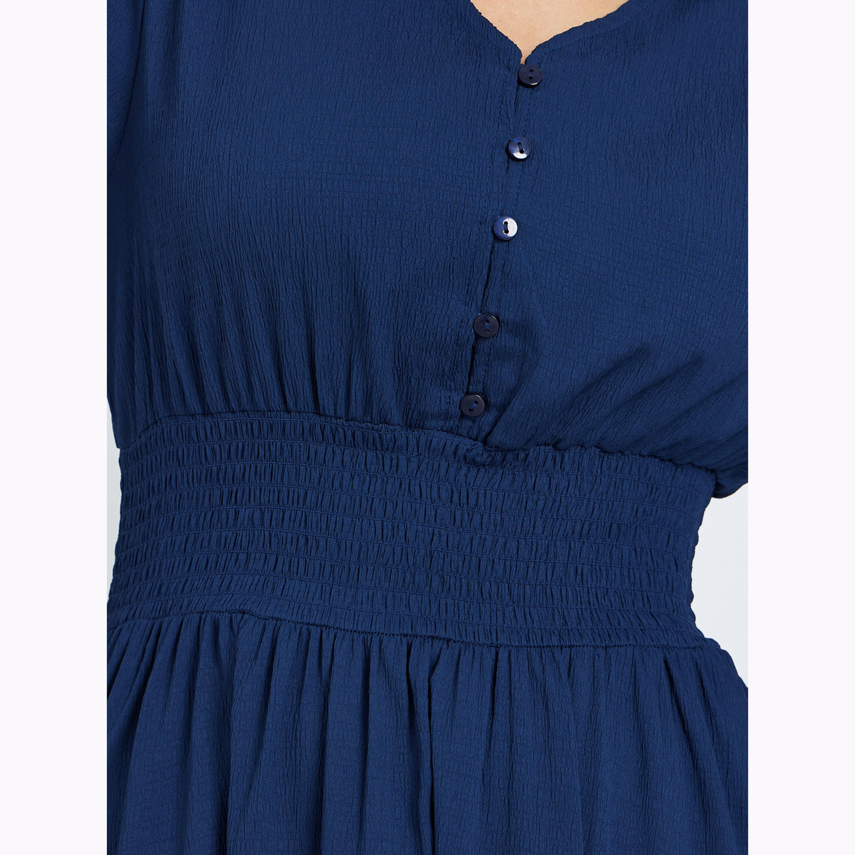 Styli Dark Blue Textured V Neck A-Line Midi Dress-women-clothing-dresses-image-5
