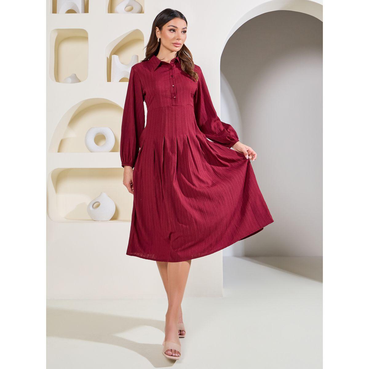 فستان ميدي مزين بكسرات مع أزرار غلق-women-clothing-dresses-image-1