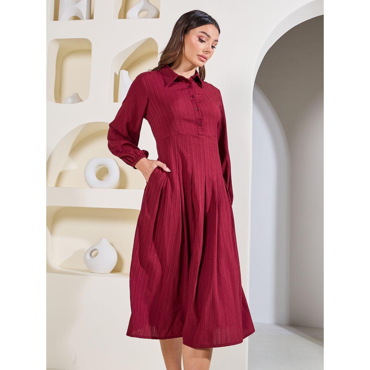 فستان ميدي مزين بكسرات مع أزرار غلق-women-clothing-dresses-image-2