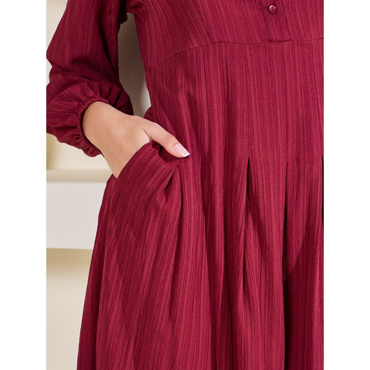 Styli Elevate Textured Pleated Detail Collared Midi Dress-women-clothing-dresses-image-3
