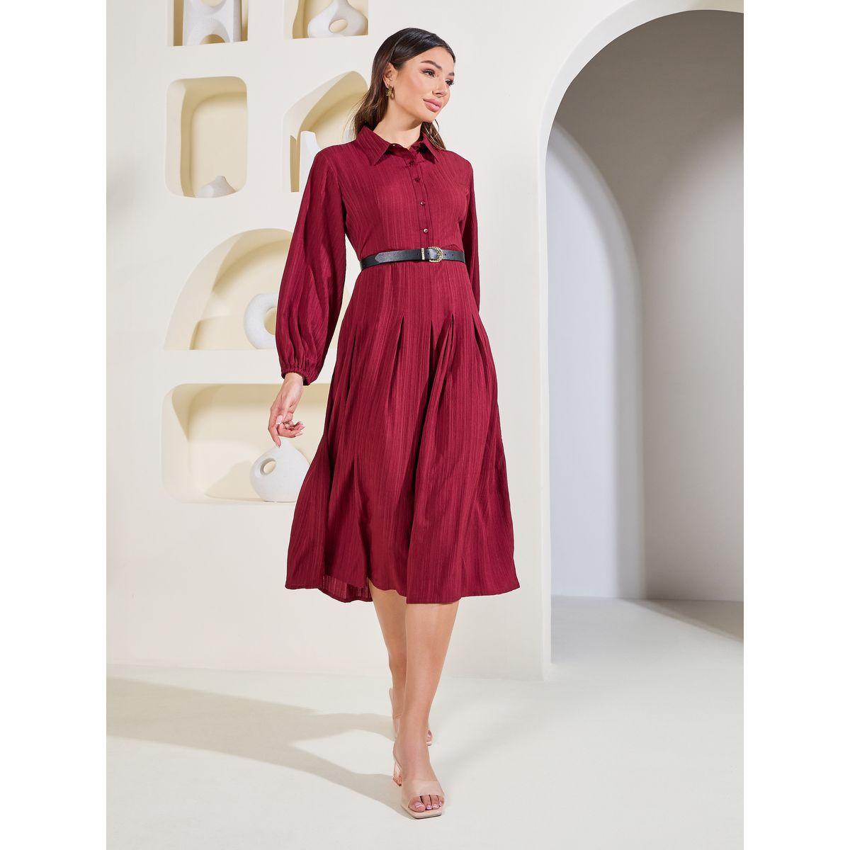 Styli Elevate Textured Pleated Detail Collared Midi Dress-women-clothing-dresses-image-5