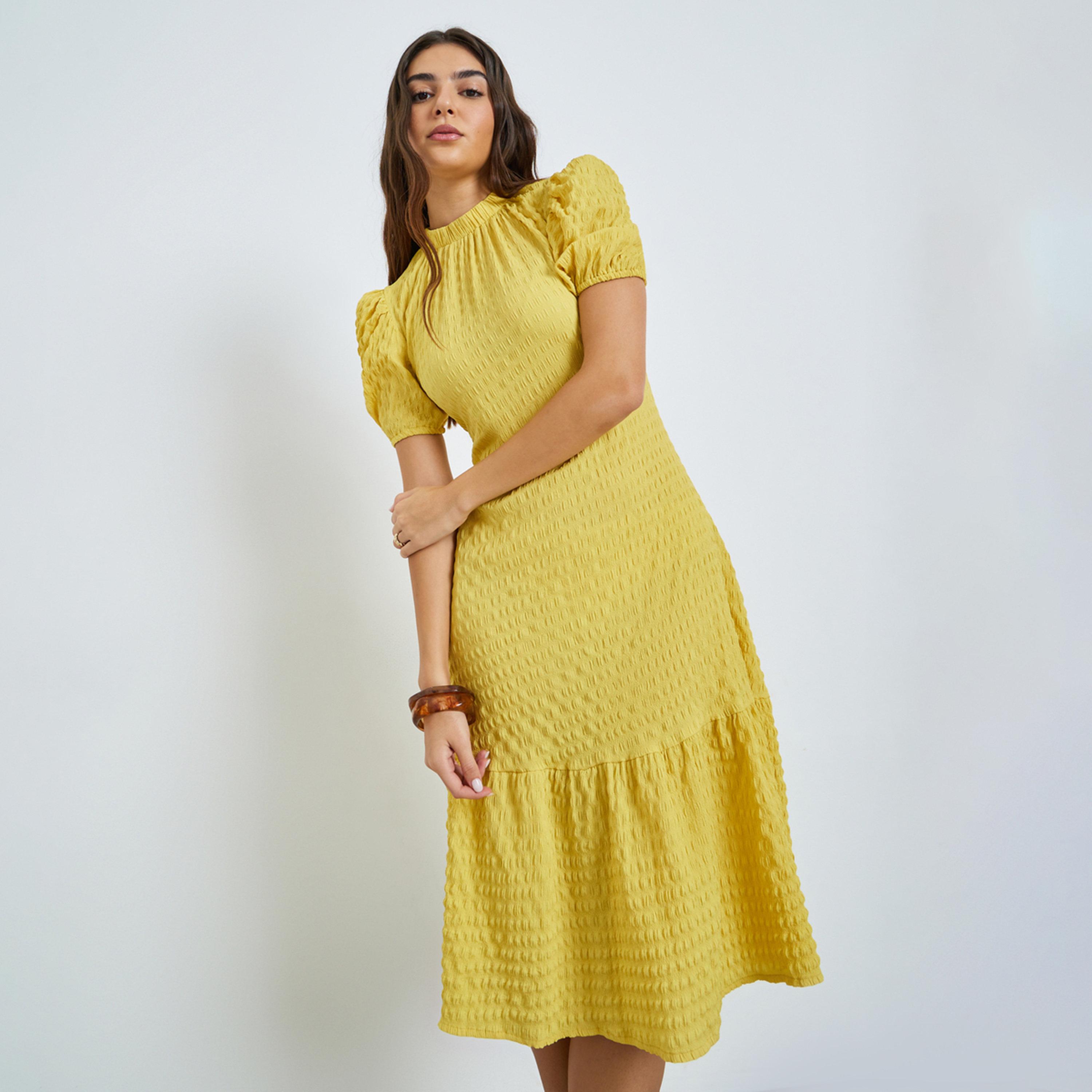 Styli Yellow Textured Puff Sleeves Midi Dress-women-clothing-dresses-image-1